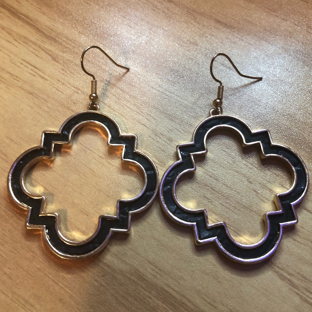 Moroccan Style Gold Tone‎ with Black Leather Inlay Dangle Drop Earrings